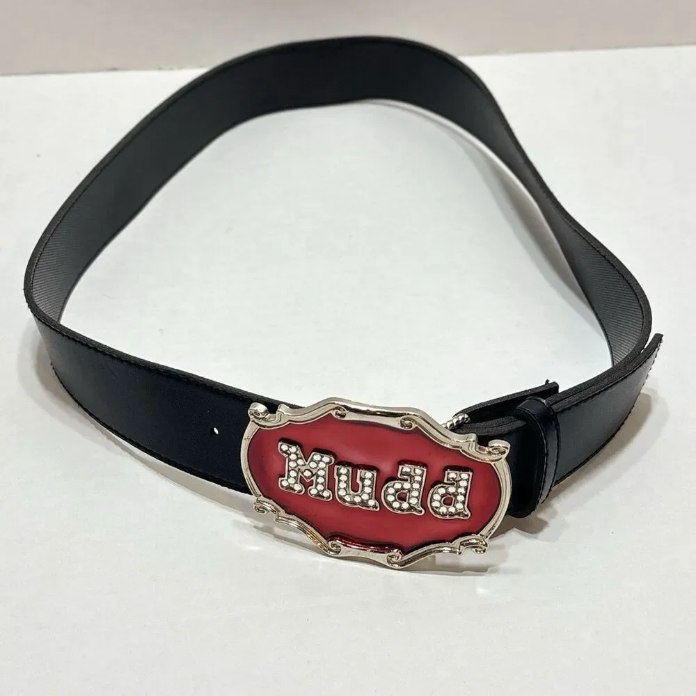 Vtg MUDD Rhinestone Spellout Belt Black Leather Red Enamel Big Statement Buckle